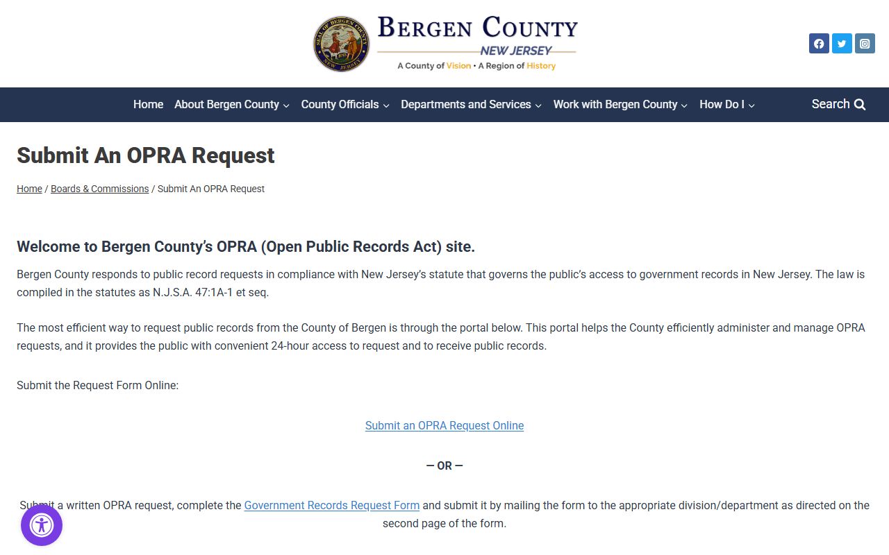 Bergen County OPRA request portal for released inmates records