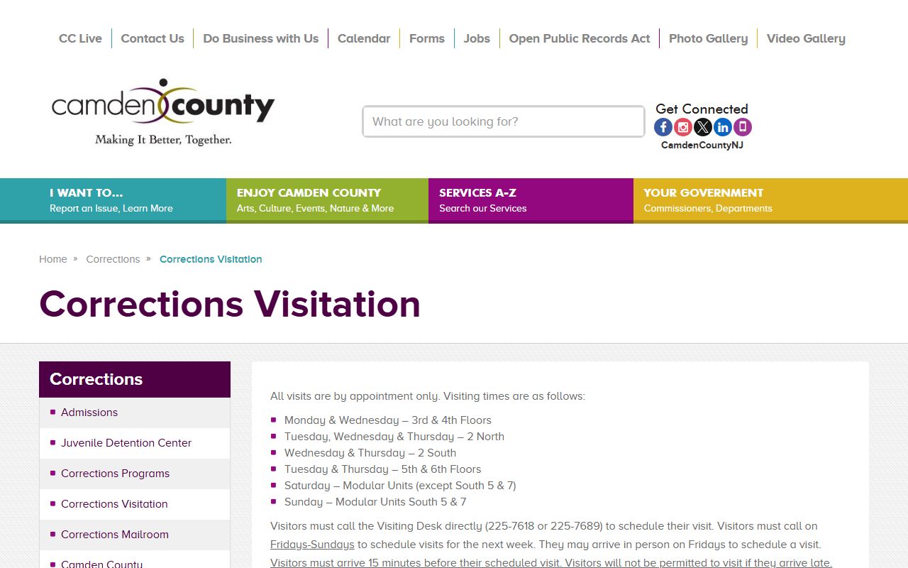 Camden County jail visitation page for released inmates records