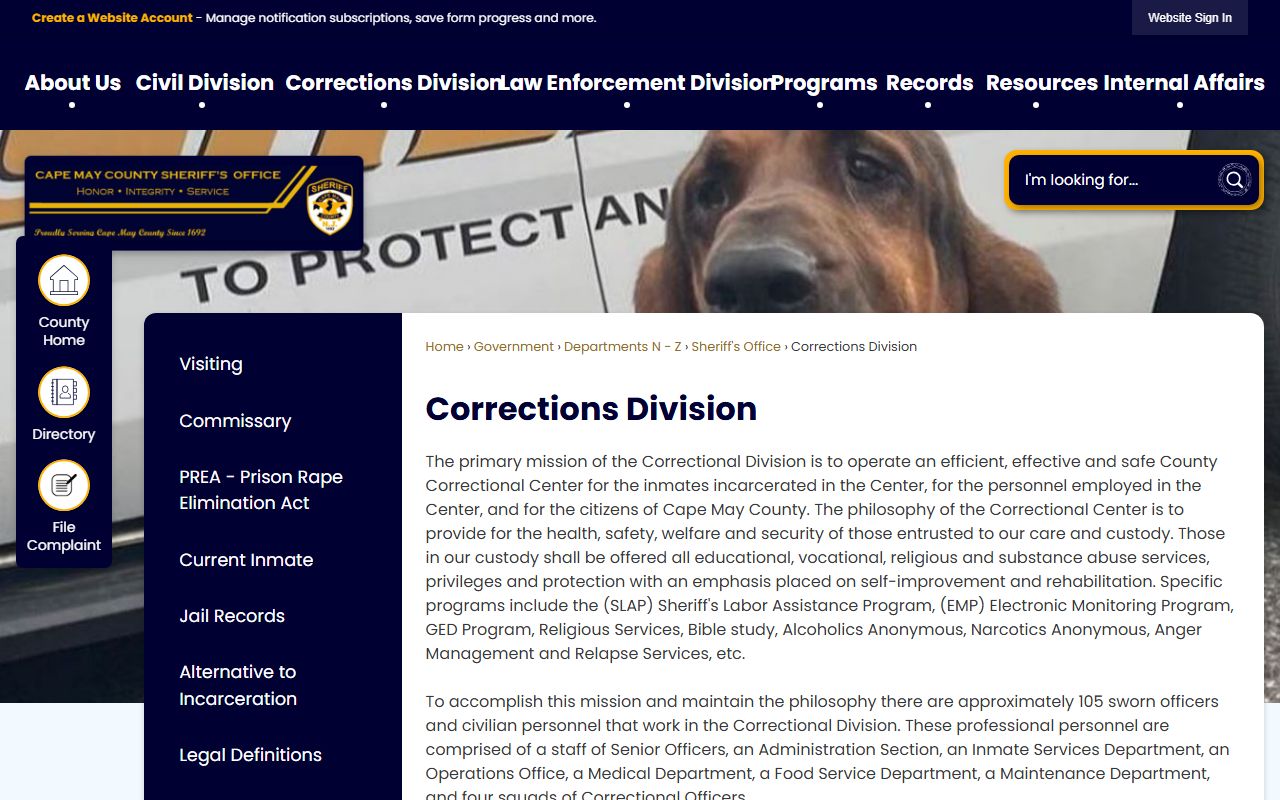 Cape May County Corrections Division page for released inmates