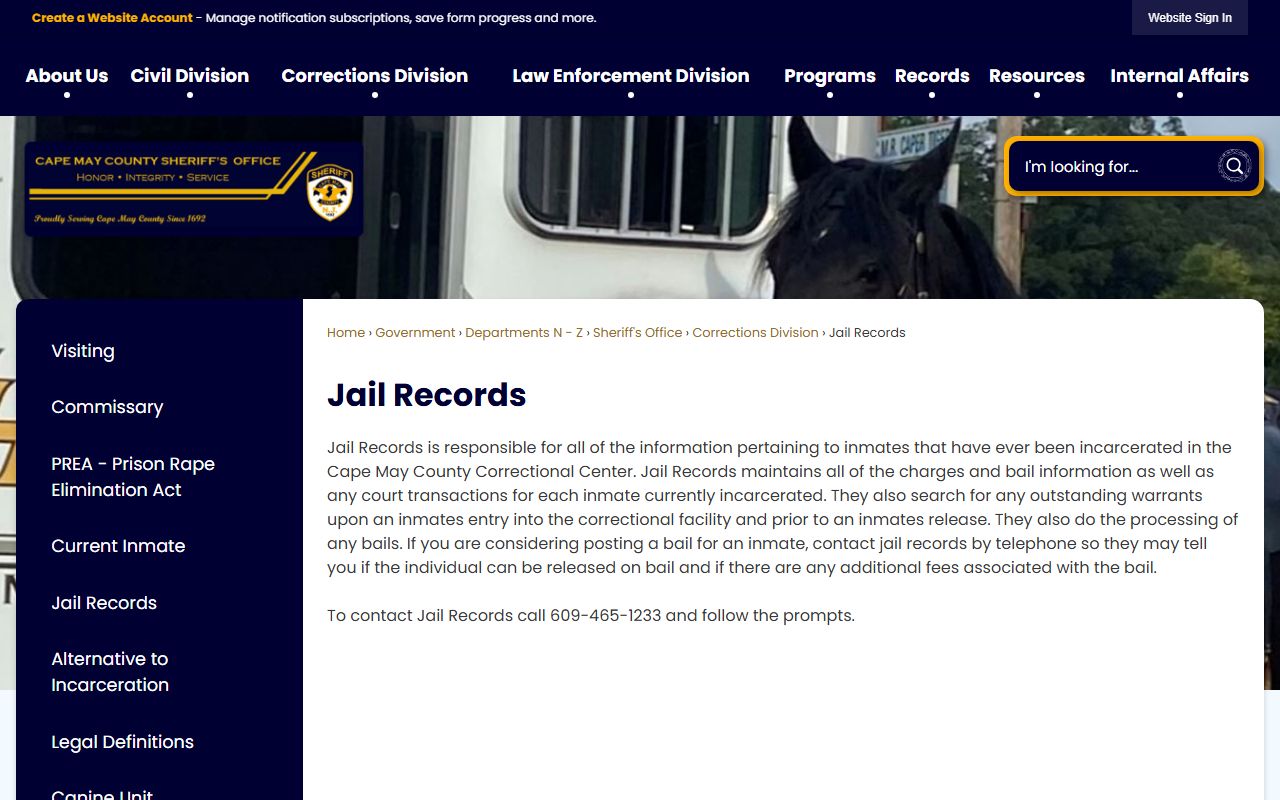 Cape May County Jail Records page for released inmates information