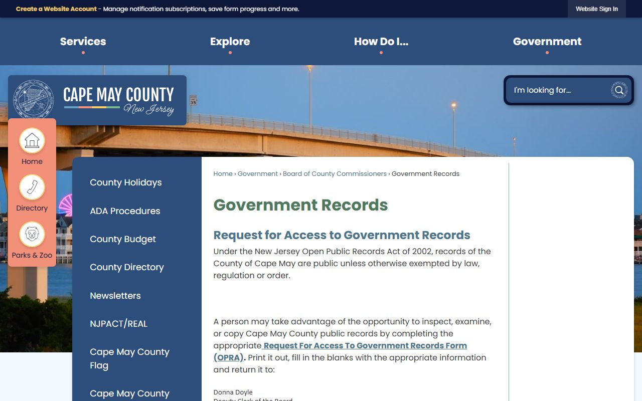 Cape May County OPRA government records page for released inmates