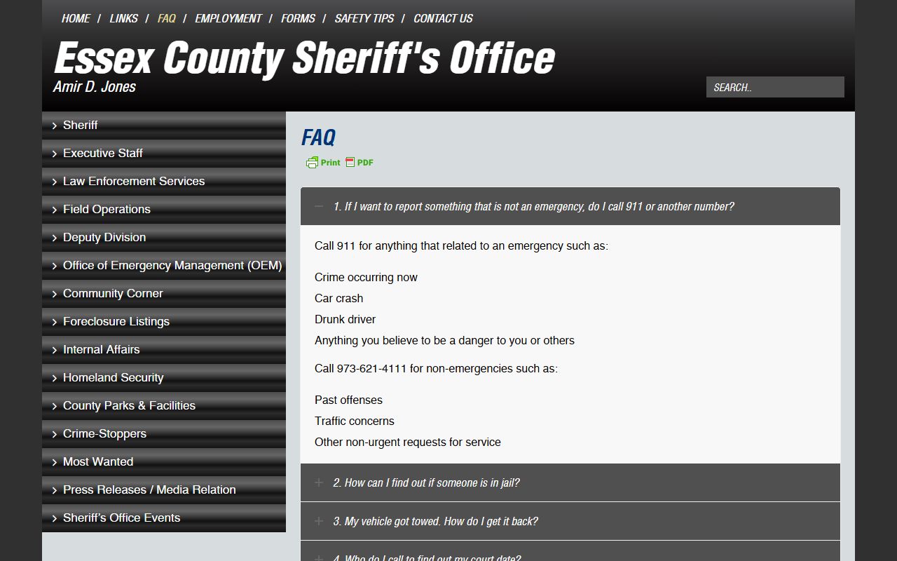 Essex County released inmates sheriff FAQ page