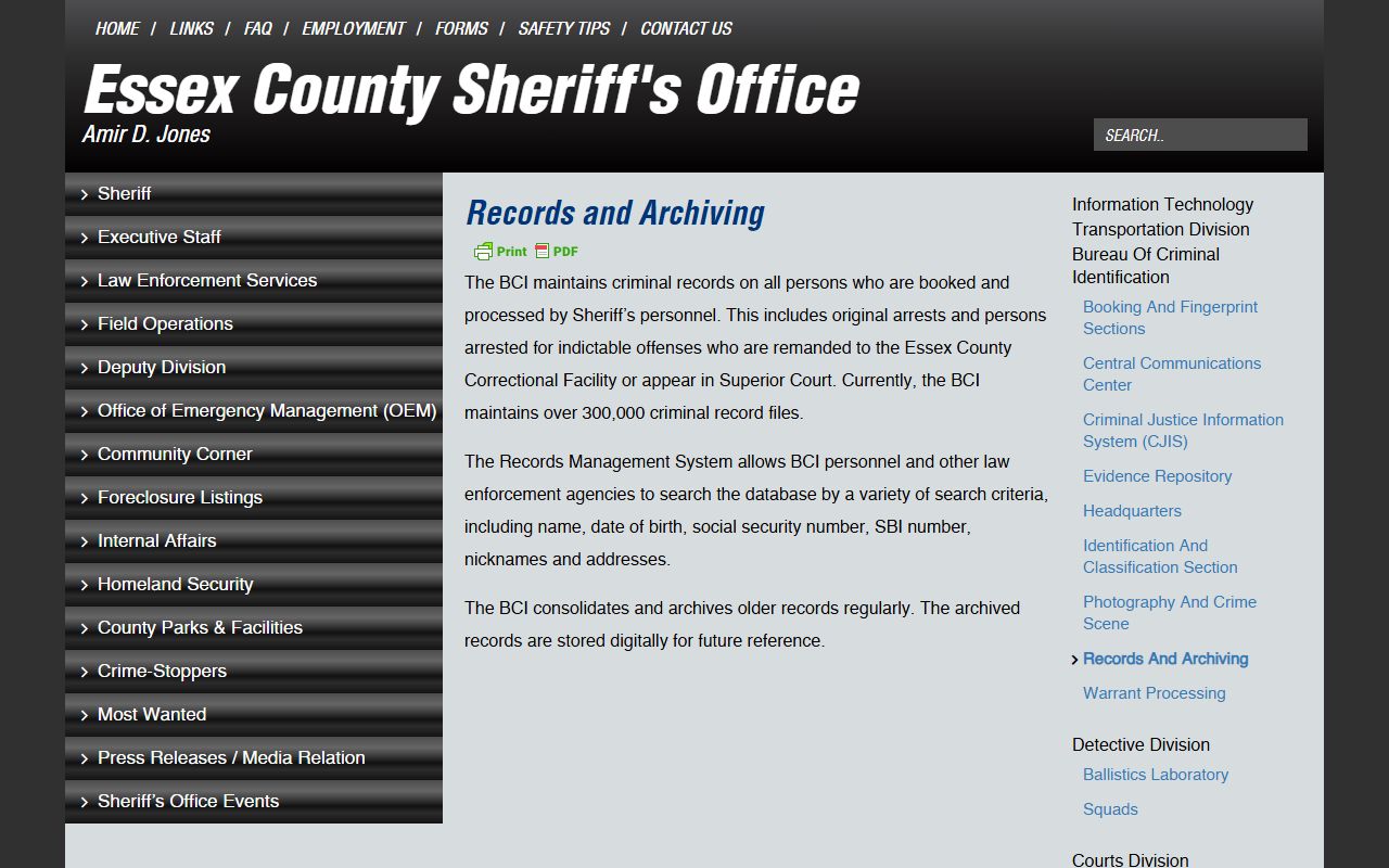 Essex County released inmates sheriff BCI records page