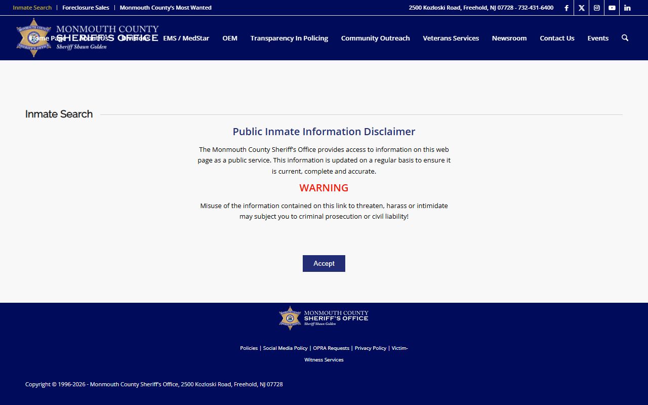 Monmouth County released inmates inmate search page
