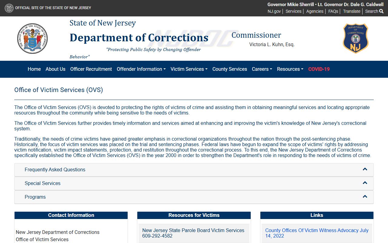 NJDOC Office of Victim Services for New Jersey released inmates