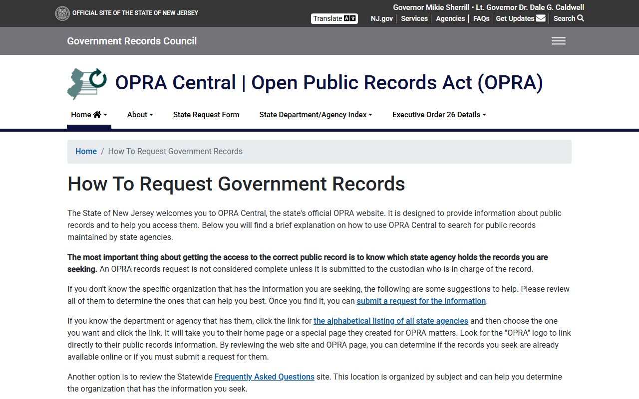 New Jersey OPRA Central portal for released inmates record requests