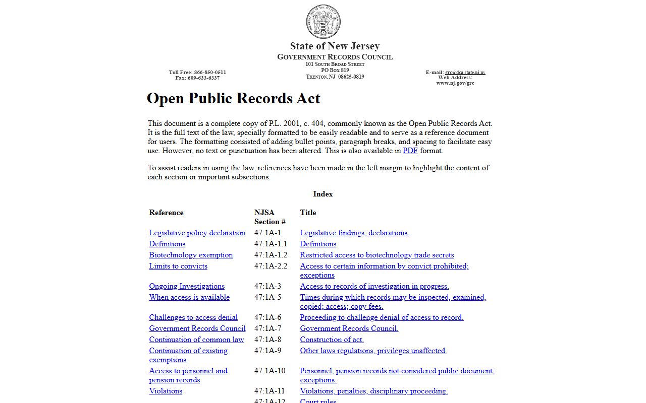 New Jersey OPRA statute details for released inmates records