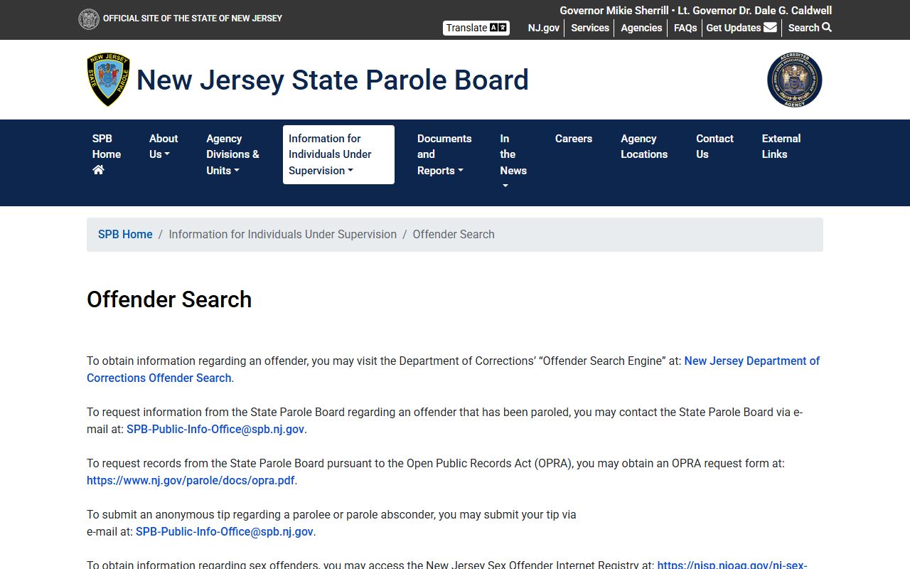 New Jersey State Parole Board offender search for released inmates